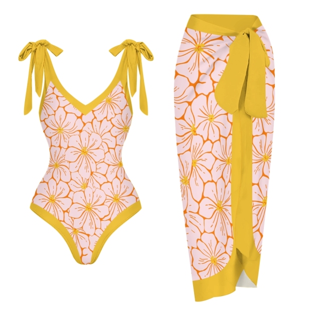 Women's Floral One Piece Swimsuit with Matching Wrap Skirt Yellow Trim Beachwear Set