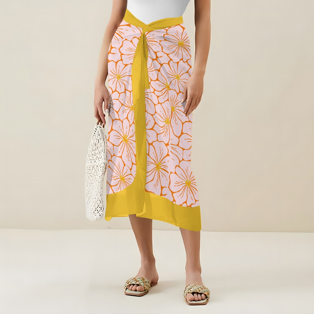 Women's Floral One Piece Swimsuit with Matching Wrap Skirt Yellow Trim Beachwear Set