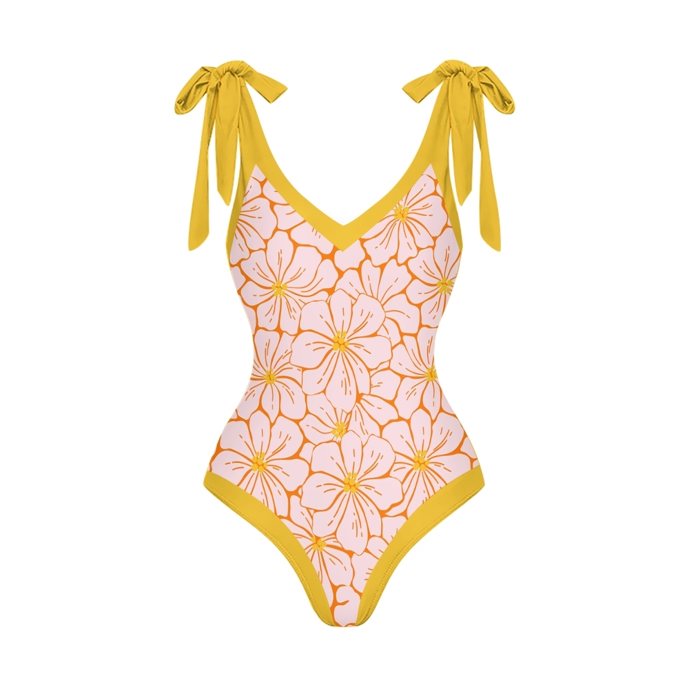 Women's Floral One Piece Swimsuit with Matching Wrap Skirt Yellow Trim Beachwear Set