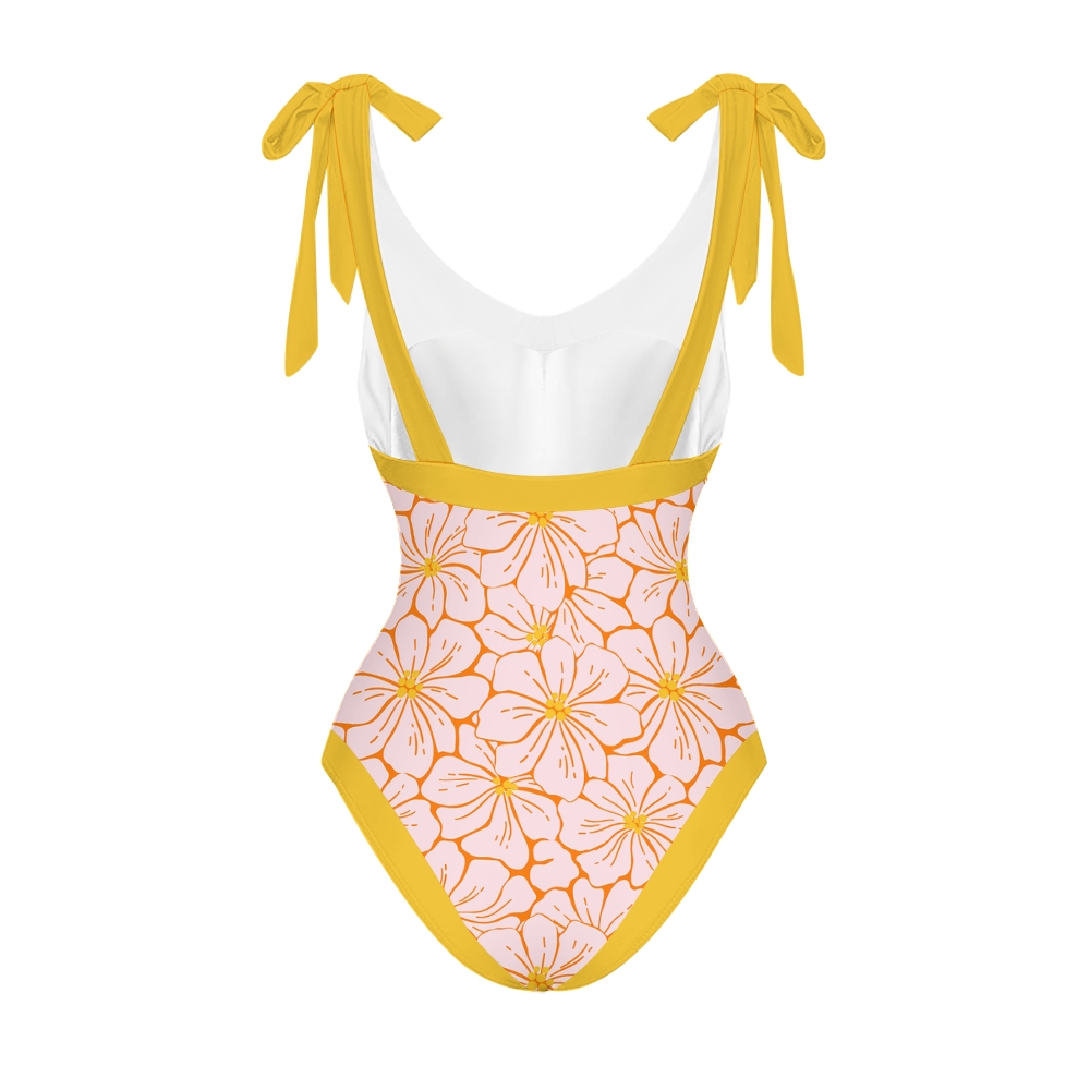 Women's Floral One Piece Swimsuit with Matching Wrap Skirt Yellow Trim Beachwear Set