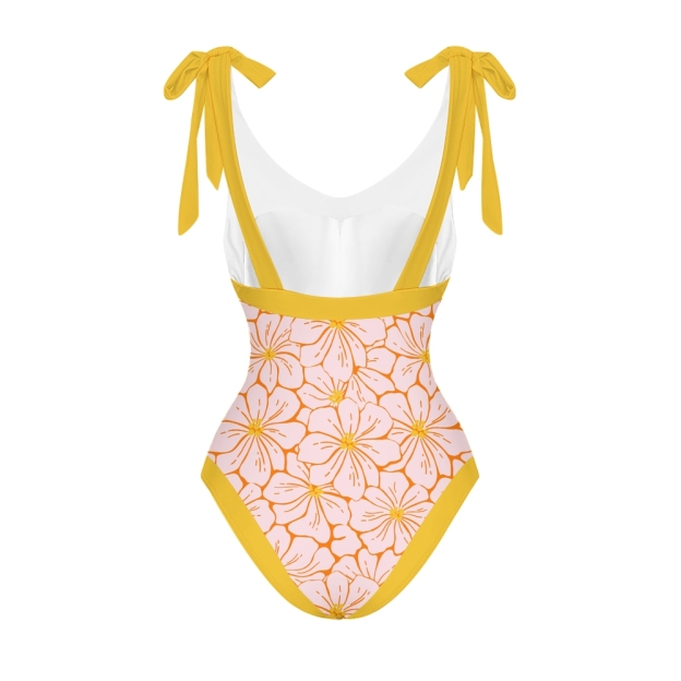 Women's Floral One Piece Swimsuit with Matching Wrap Skirt Yellow Trim Beachwear Set