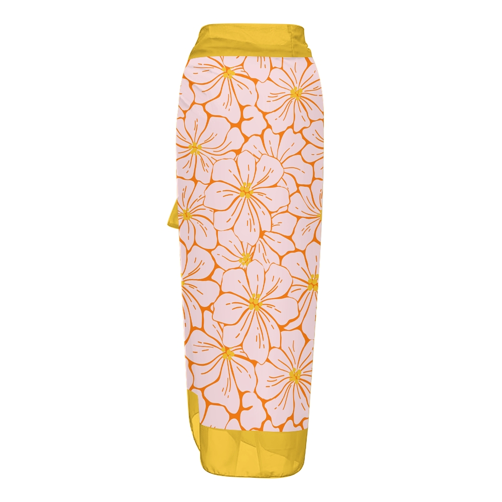 Women's Floral One Piece Swimsuit with Matching Wrap Skirt Yellow Trim Beachwear Set