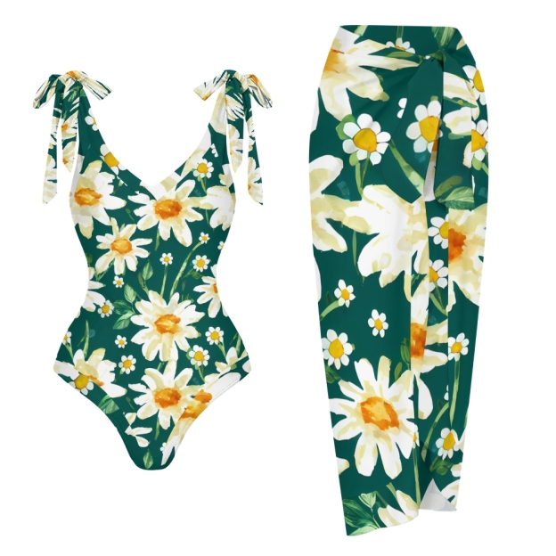 Floral Swimwear Set for Women Dark Green Daisy Monokini and High Waist Skirt