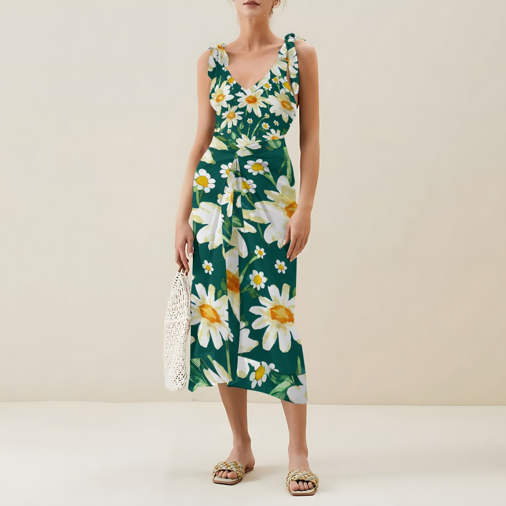 Floral Swimwear Set for Women Dark Green Daisy Monokini and High Waist Skirt