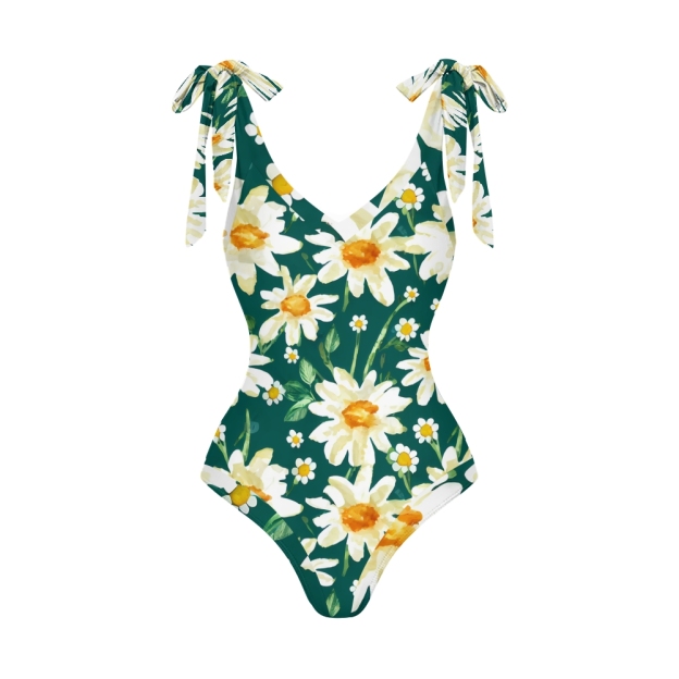 Floral Swimwear Set for Women Dark Green Daisy Monokini and High Waist Skirt