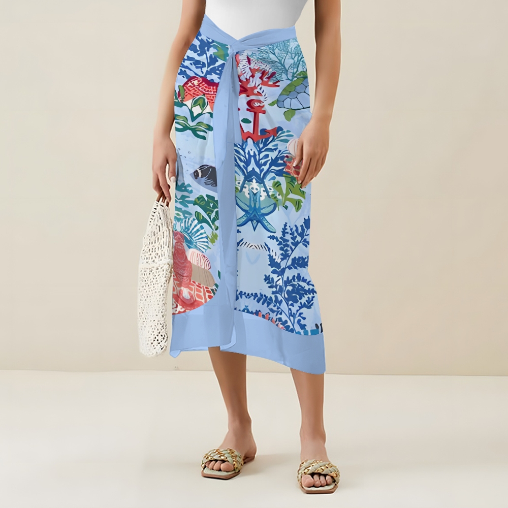 Women's Ocean Print One Piece Swimsuit with Matching Wrap Skirt Beachwear Set