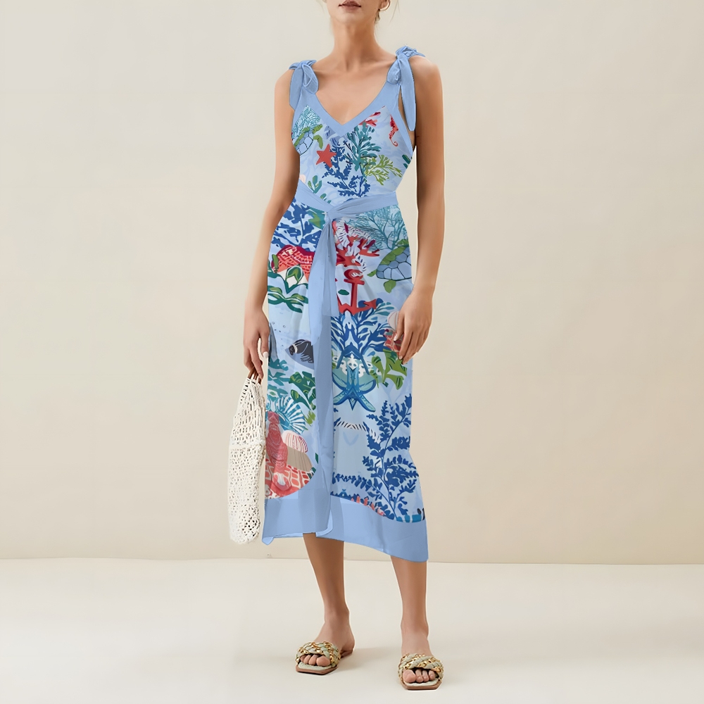 Women's Ocean Print One Piece Swimsuit with Matching Wrap Skirt Beachwear Set