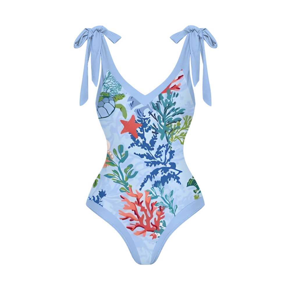 Women's Ocean Print One Piece Swimsuit with Matching Wrap Skirt Beachwear Set