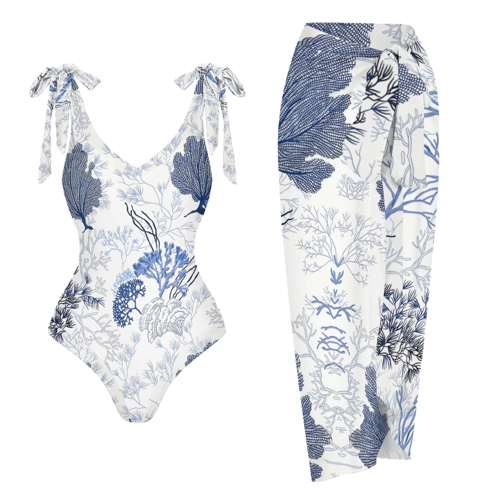 Elegant Resort Style Swimsuit Set Coral Print One Piece and Lightweight Beach Pants