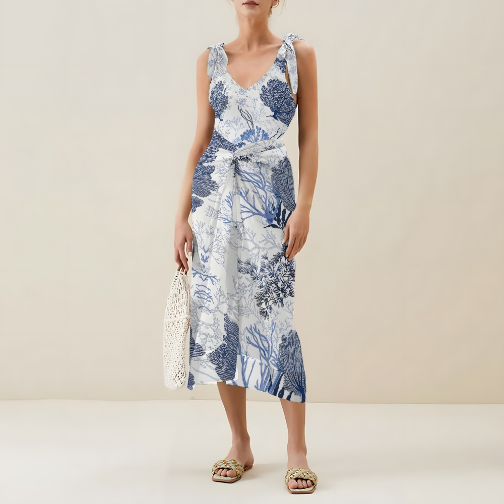 Elegant Resort Style Swimsuit Set Coral Print One Piece and Lightweight Beach Pants