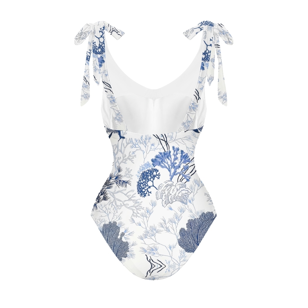 Elegant Resort Style Swimsuit Set Coral Print One Piece and Lightweight Beach Pants