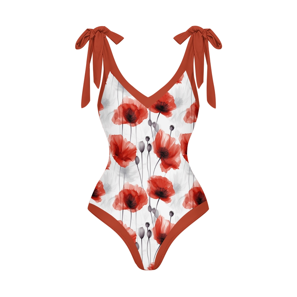 Women's Resort Style Swimwear Set Bold Poppy Print Monokini and Matching Skirt