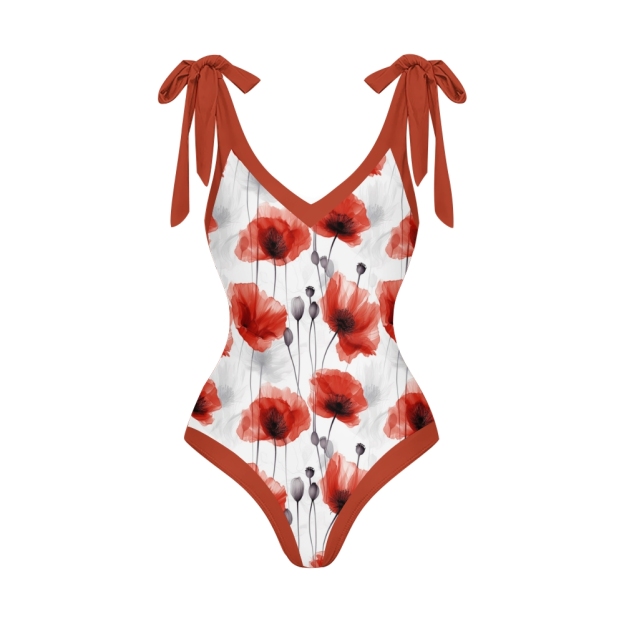 Women's Resort Style Swimwear Set Bold Poppy Print Monokini and Matching Skirt