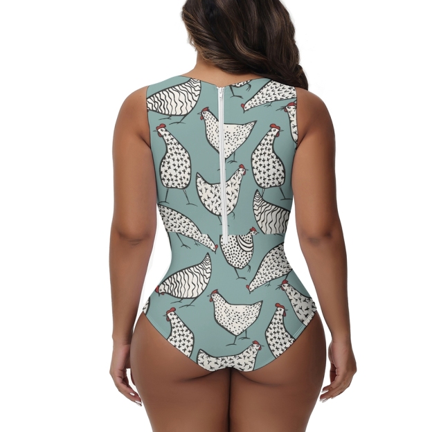 Funny Farm Animal One Piece Swimsuit for Women Chicken Pattern High Neck