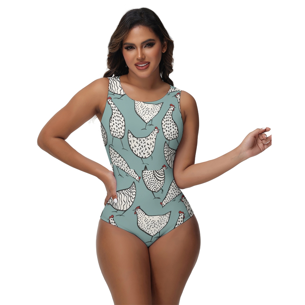 Funny Farm Animal One Piece Swimsuit for Women Chicken Pattern High Neck