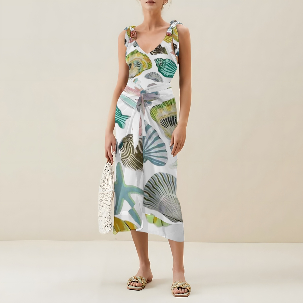 Ocean Theme Swimwear Set for Women Shell and Starfish Print Monokini with Skirt