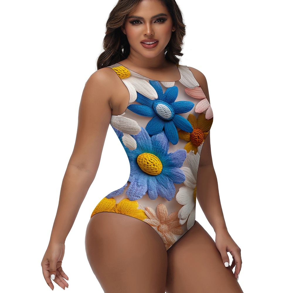 Women's 3D Floral Print One Piece Swimsuit Colorful Artistic High Neck Monokini