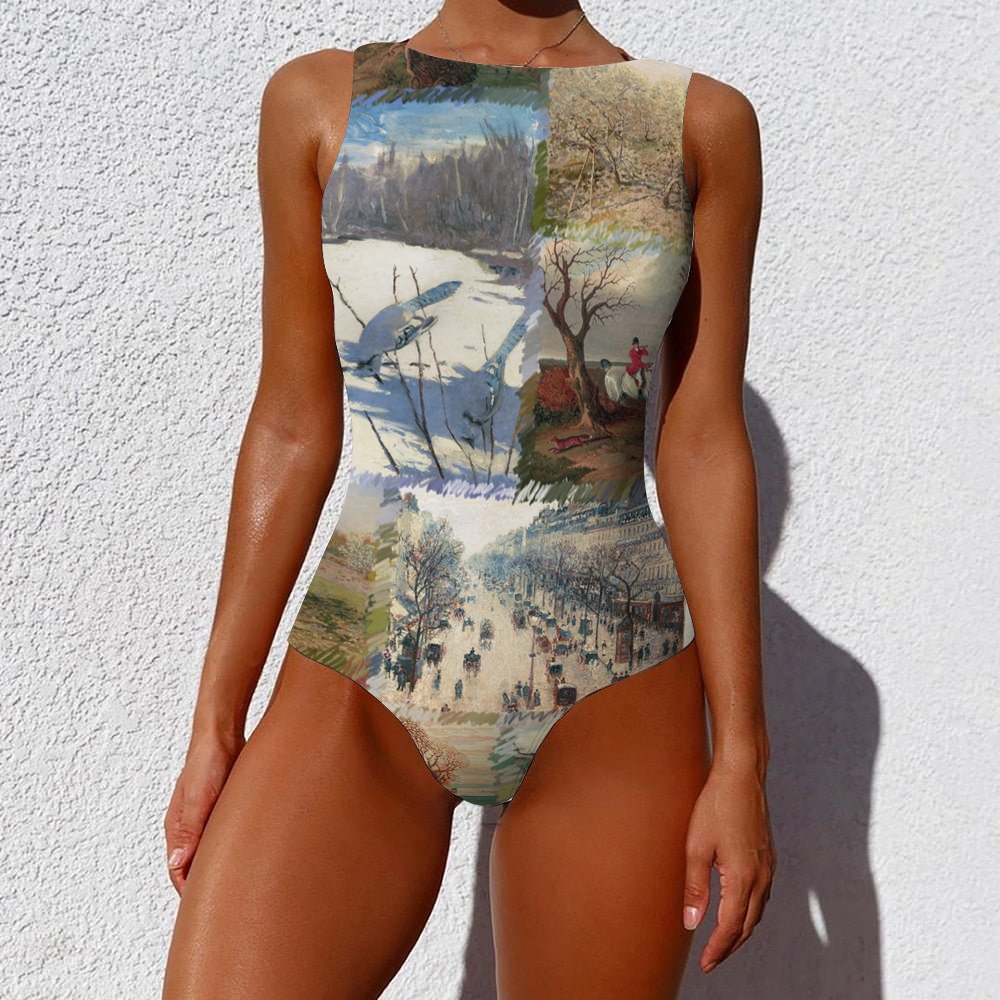 Women's Artistic Print One Piece Swimsuit Impressionist Painting Collage Design