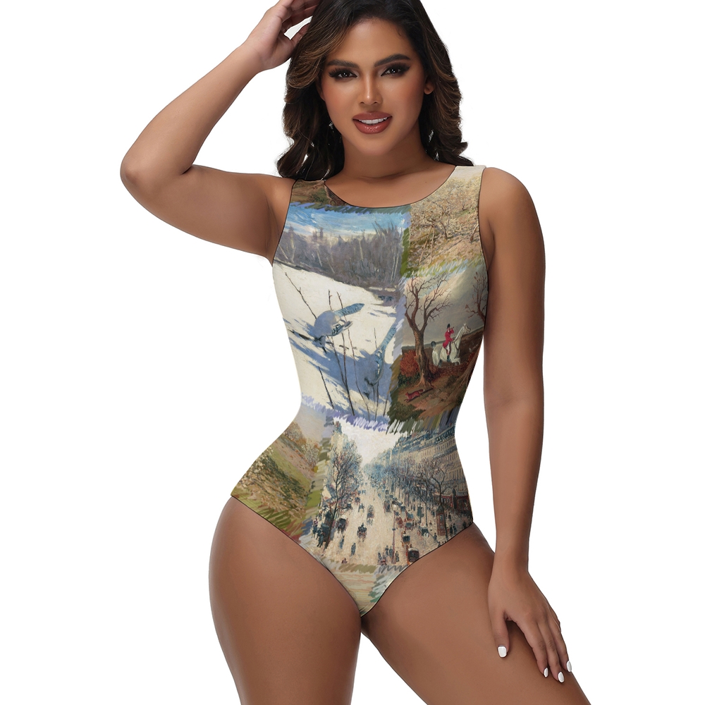 Women's Artistic Print One Piece Swimsuit Impressionist Painting Collage Design