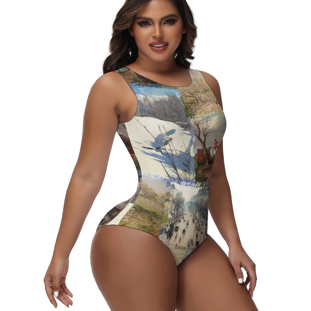 Women's Artistic Print One Piece Swimsuit Impressionist Painting Collage Design