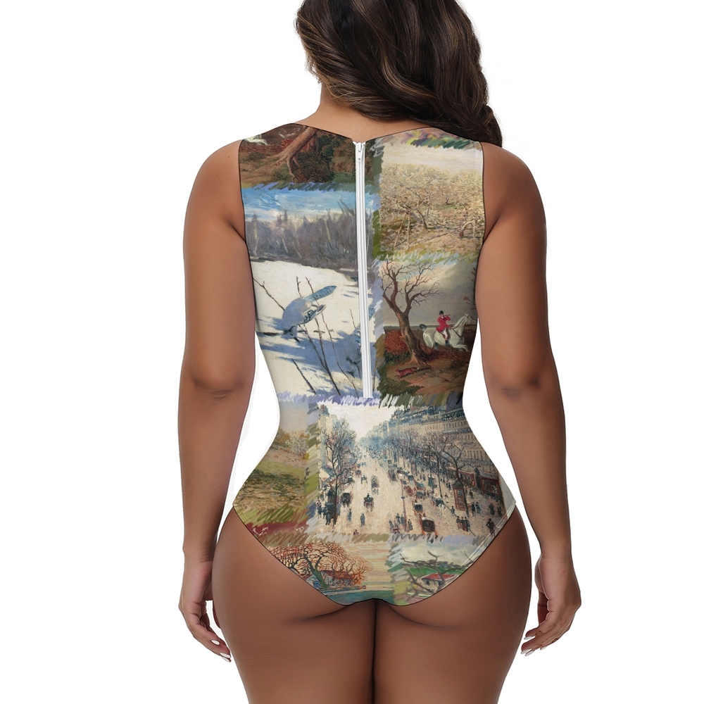 Women's Artistic Print One Piece Swimsuit Impressionist Painting Collage Design