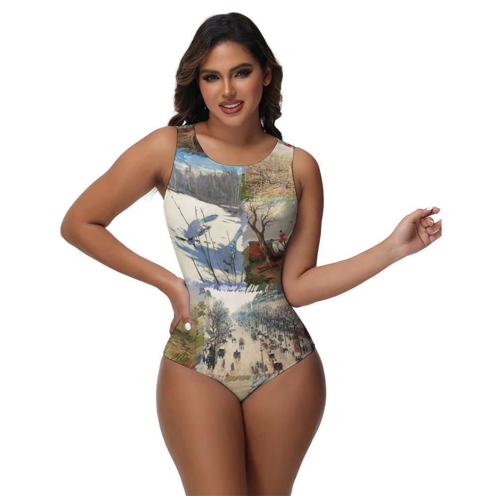Women's Artistic Print One Piece Swimsuit Impressionist Painting Collage Design