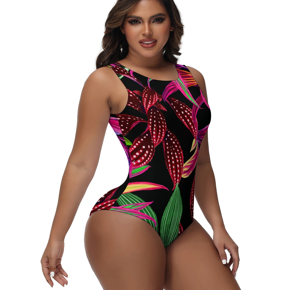 Women's Tropical Leaf Print One Piece Swimsuit Black High Neck Monokini