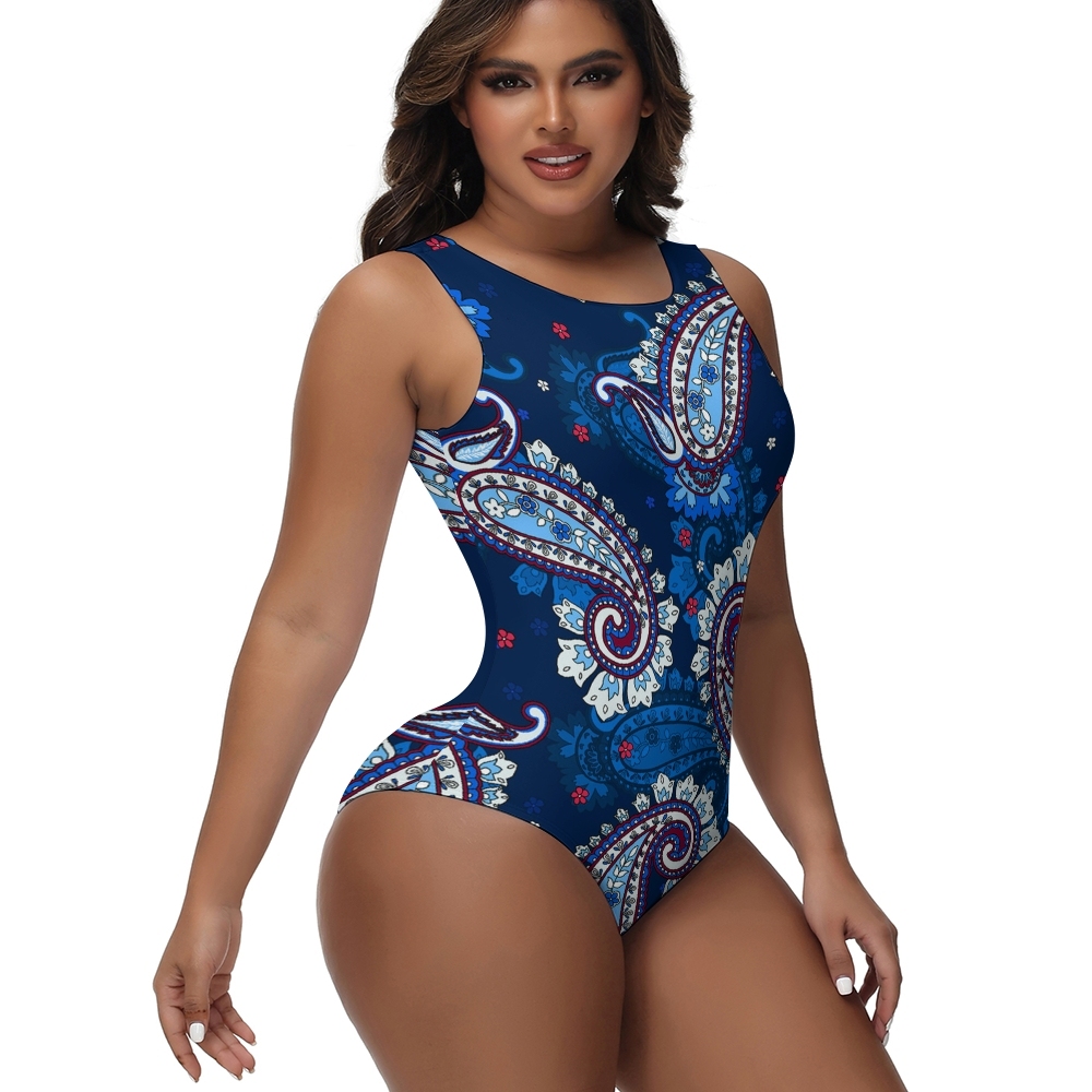 Women's Paisley Print One Piece Swimsuit Navy Blue High Neck Bathing Suit