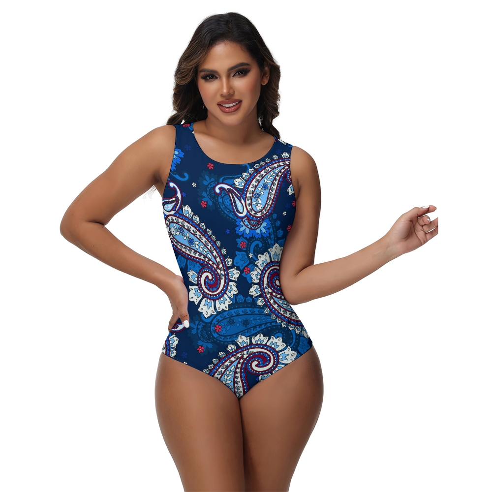 Women's Paisley Print One Piece Swimsuit Navy Blue High Neck Bathing Suit