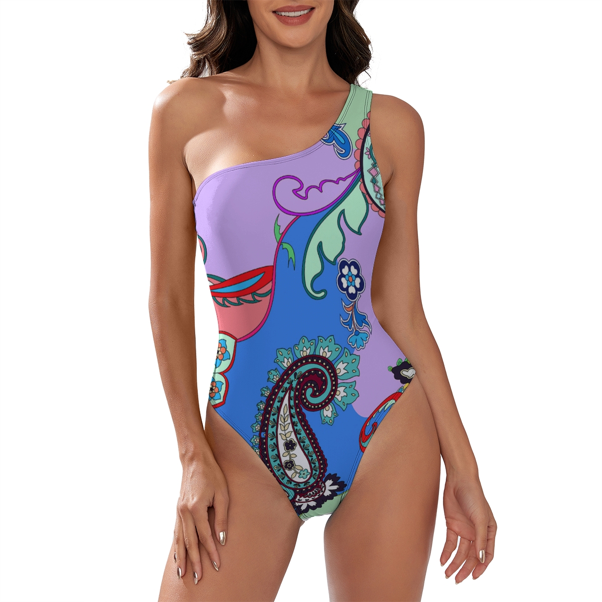 Women’s One Shoulder Swimsuit with Paisley and Floral Print in Vibrant Colors