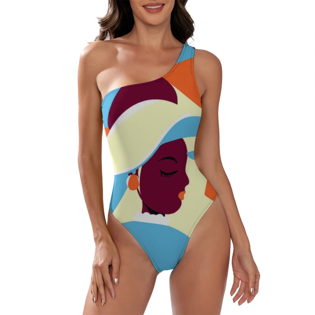 Women’s One Shoulder Swimsuit with Artistic Woman Face Print and Bold Colors