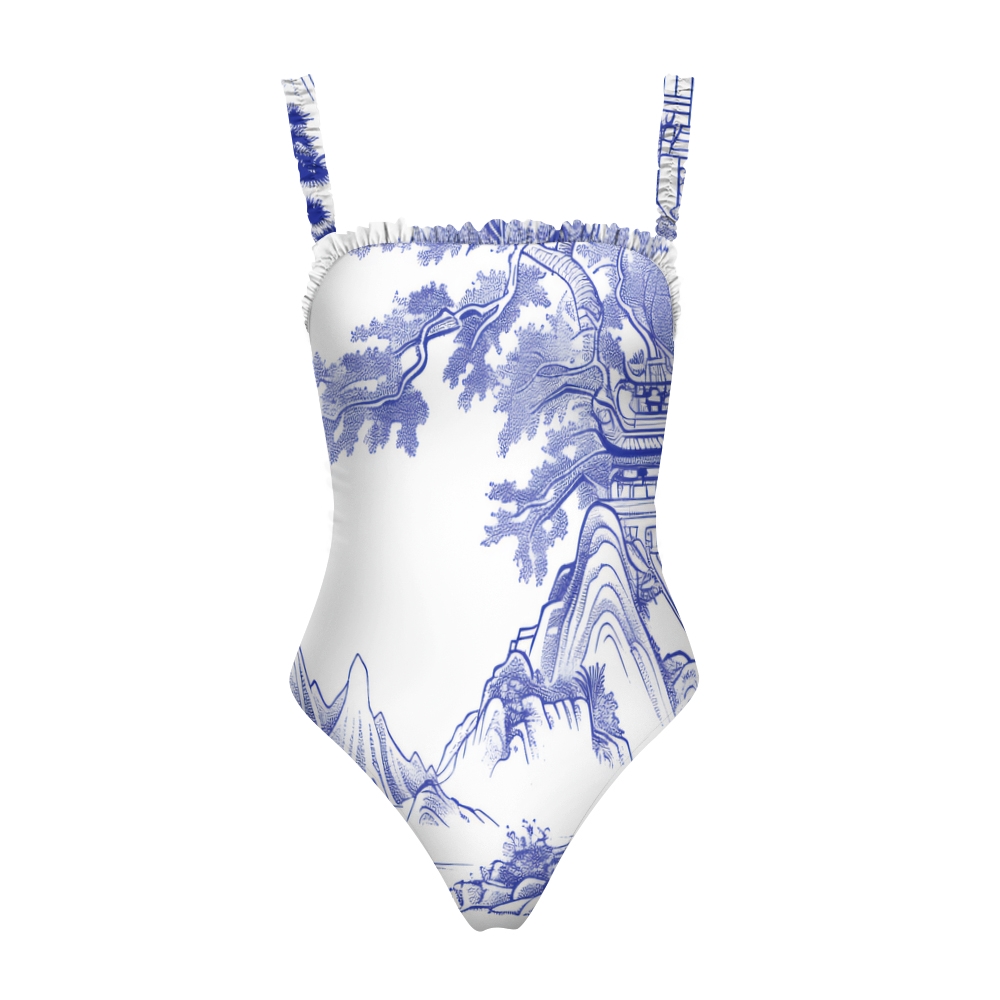 Women’s Blue and White Porcelain Style One Piece Swimsuit with Ruched Straps