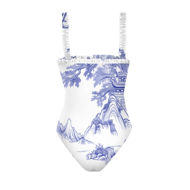 Women’s Blue and White Porcelain Style One Piece Swimsuit with Ruched Straps