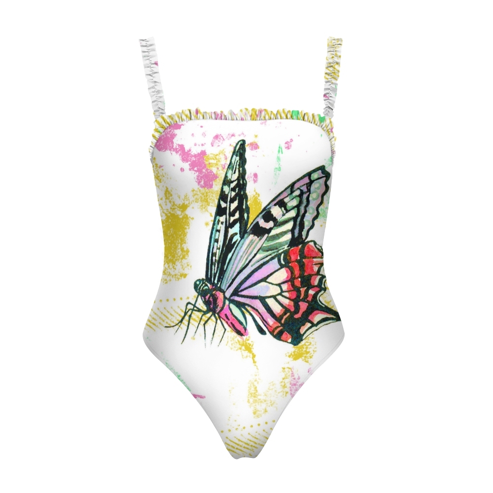 Artistic Butterfly Print Swimwear with Splash Ink Background and Feminine Details