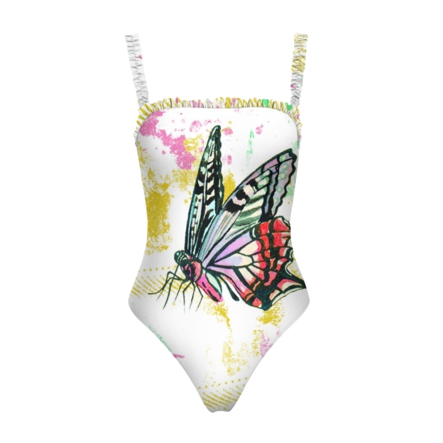 Artistic Butterfly Print Swimwear with Splash Ink Background and Feminine Details