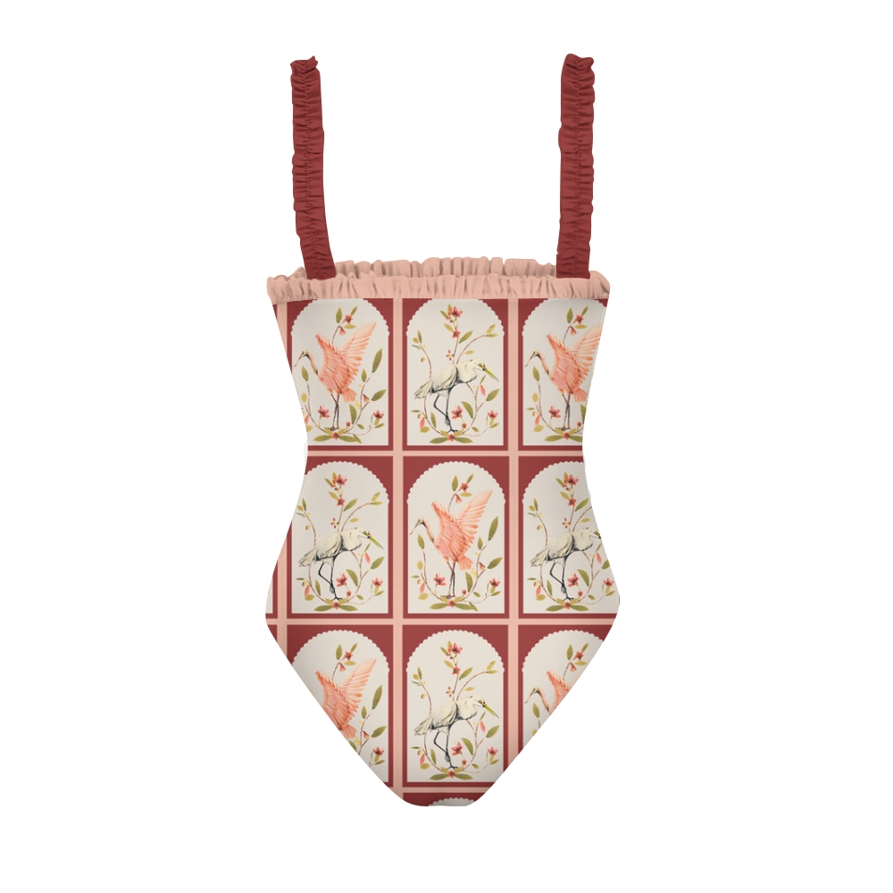 Fashion Forward Swimwear with Artistic Bird Composition and Elegant Details