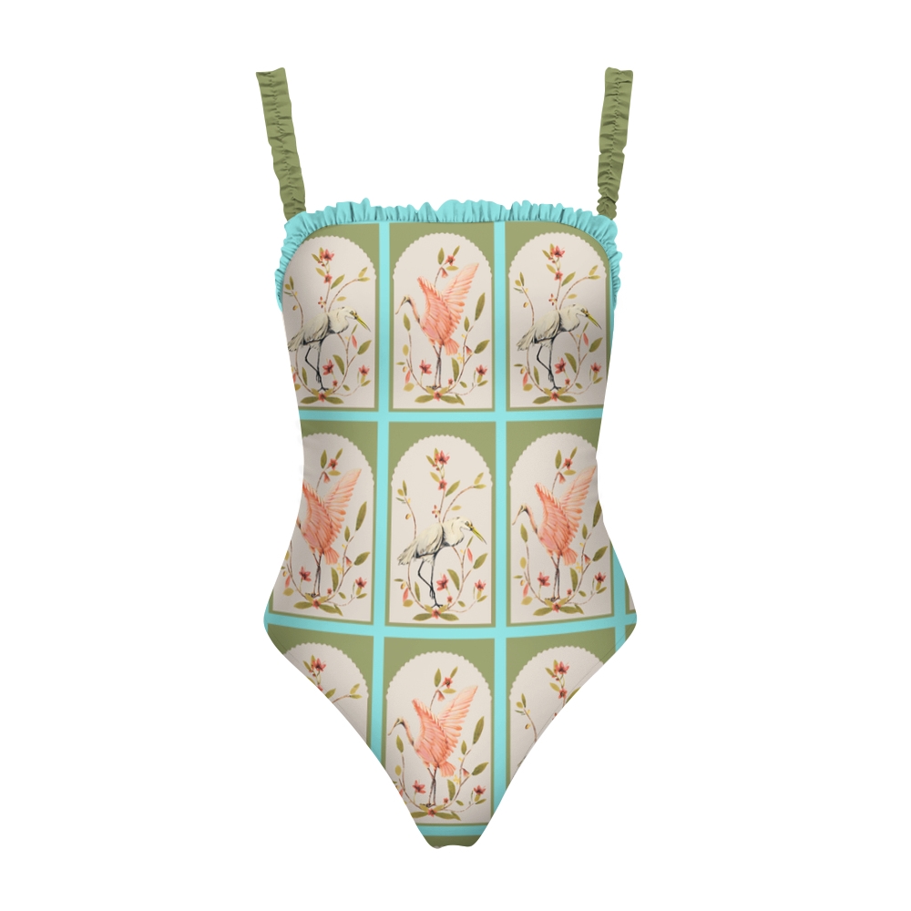 Fashion Forward Swimwear with Artistic Bird Composition and Elegant Details
