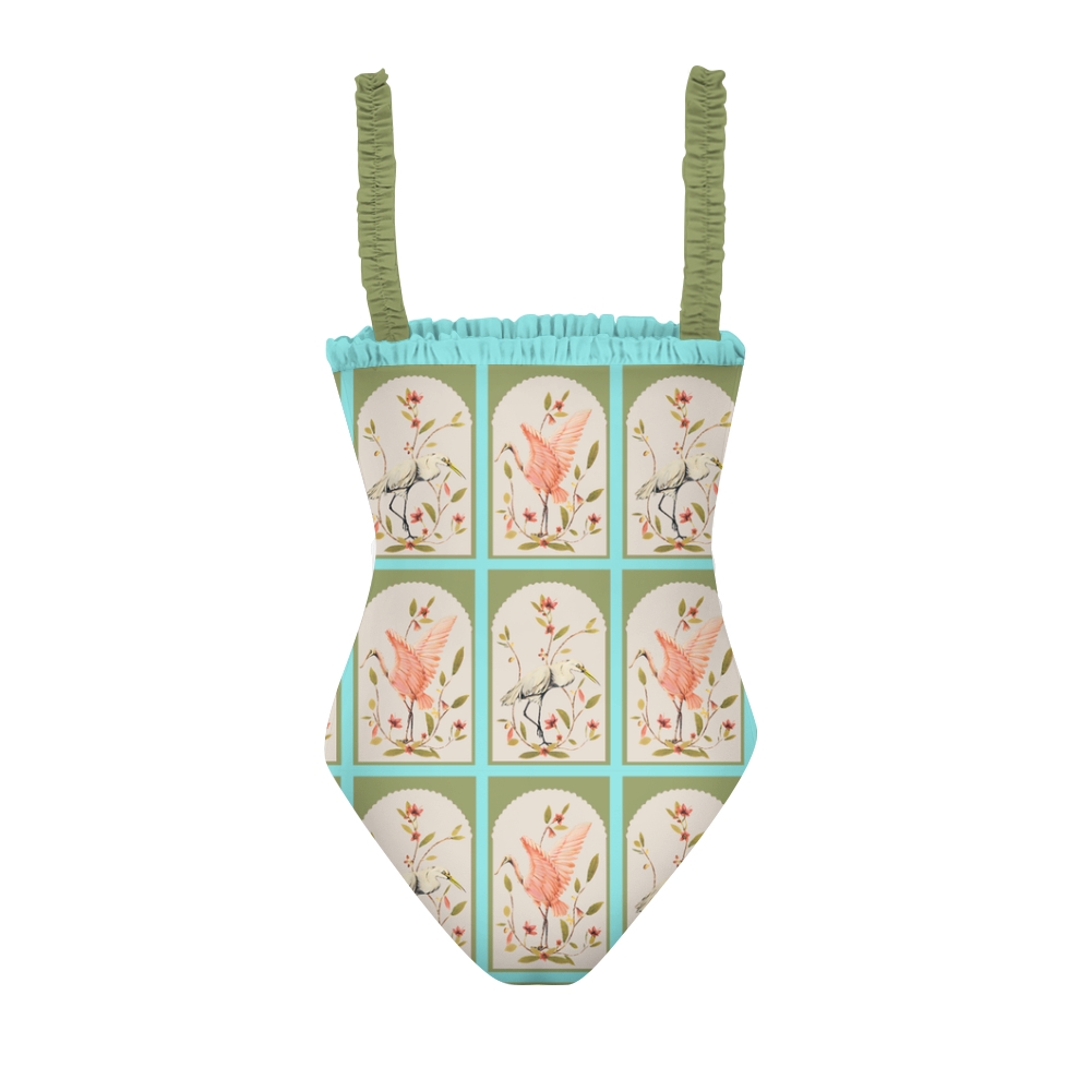 Fashion Forward Swimwear with Artistic Bird Composition and Elegant Details