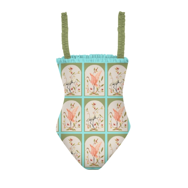 Fashion Forward Swimwear with Artistic Bird Composition and Elegant Details