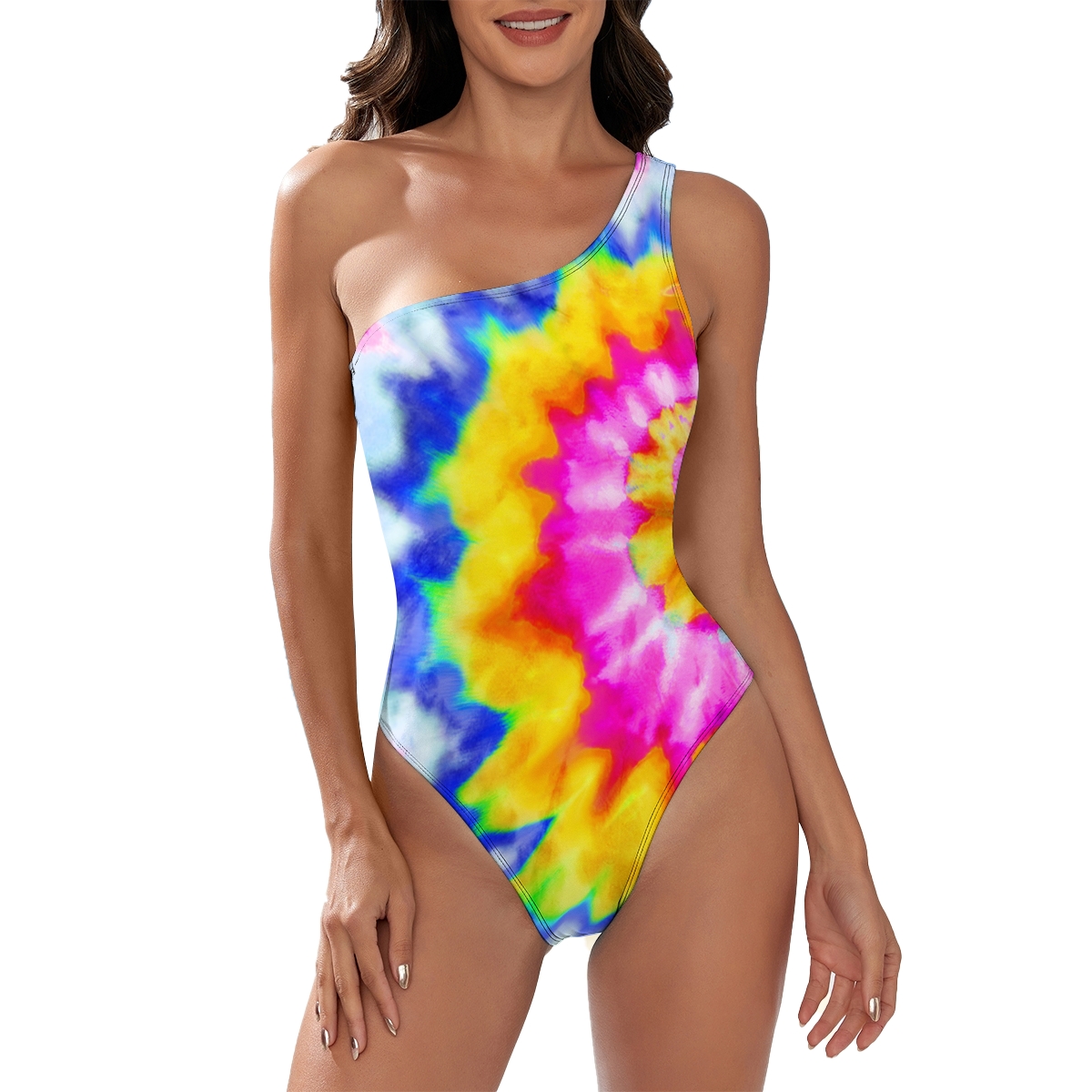 Women’s One Shoulder Swimsuit with Spiral Tie Dye Print in Vibrant Colors
