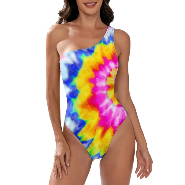 Women’s One Shoulder Swimsuit with Spiral Tie Dye Print in Vibrant Colors