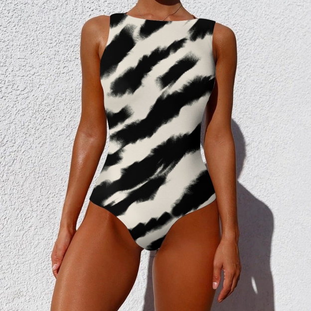 Elegant One Piece Swimwear with Abstract Monochrome Pattern and Sleek Fit