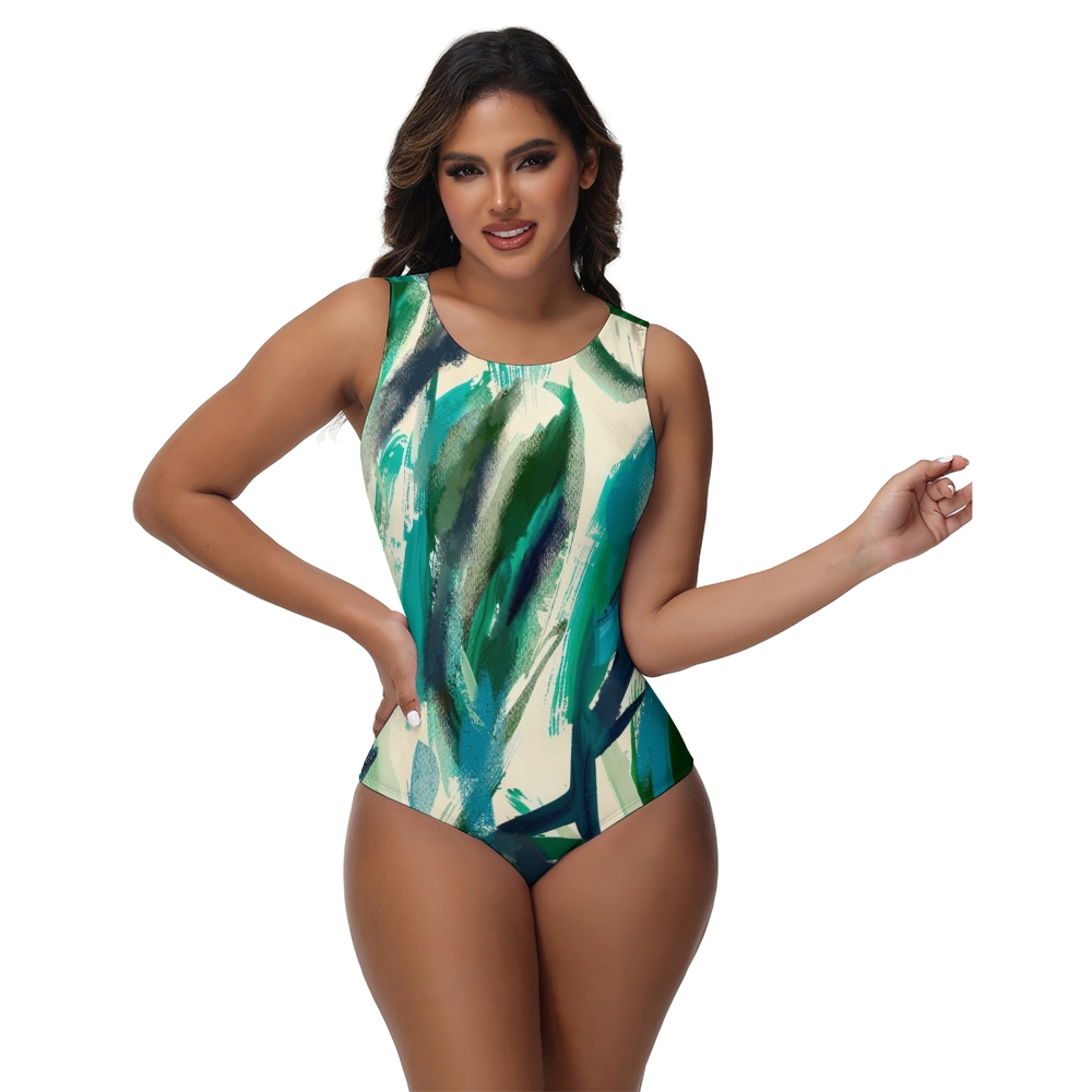 Women's Abstract Print One Piece Swimsuit High Neck Monokini Beachwear