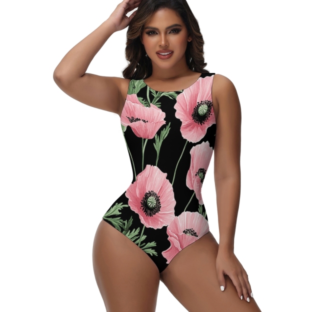 Women's Floral One Piece Swimsuit Black Poppy Print High Neck Bathing Suit