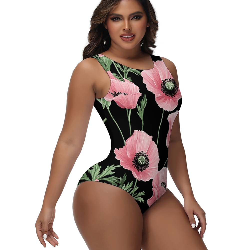 Women's Floral One Piece Swimsuit Black Poppy Print High Neck Bathing Suit