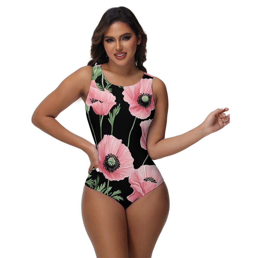 Women's Floral One Piece Swimsuit Black Poppy Print High Neck Bathing Suit