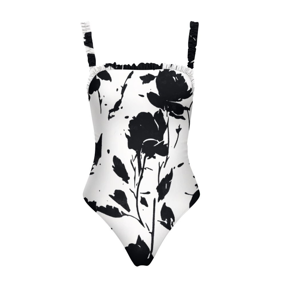 Women’s Black Rose Print One Piece Swimsuit with Ruffled Straps and White Base