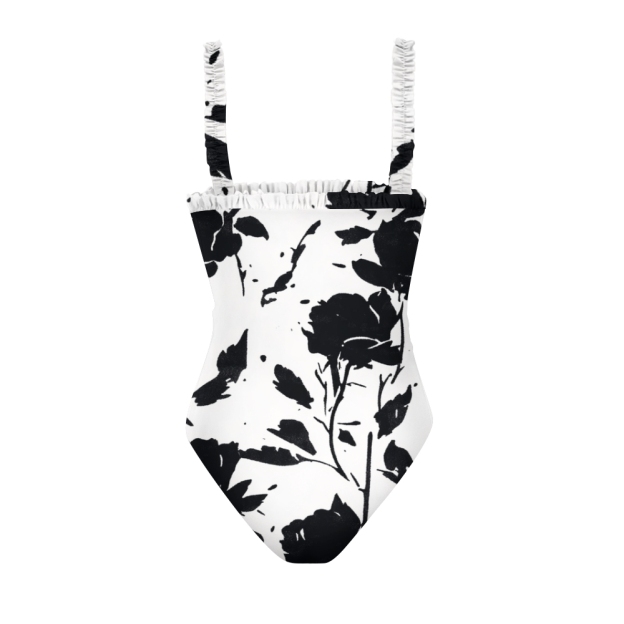 Women’s Black Rose Print One Piece Swimsuit with Ruffled Straps and White Base