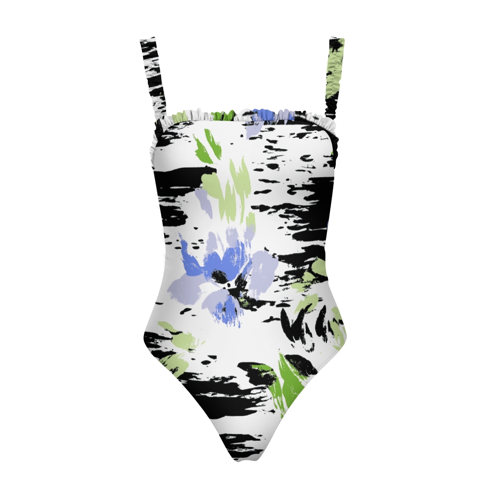 Women��s Black Rose Print One Piece Swimsuit with Ruffled Straps and White Base