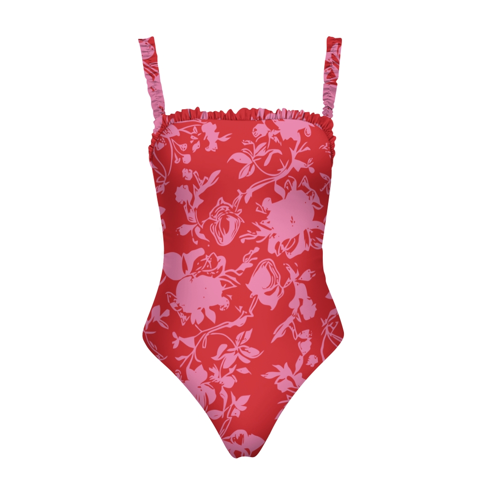 Women’s Red Floral One Piece Swimsuit with Ruffled Straps and Pink Bloom Print